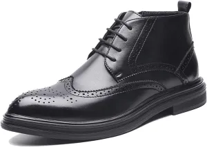HOOENG Round Toe Lace Up Boots for Men Carved Brogue Win Tip PU Anti-Slip Wearable Block Heel Vintage Fashion Dress