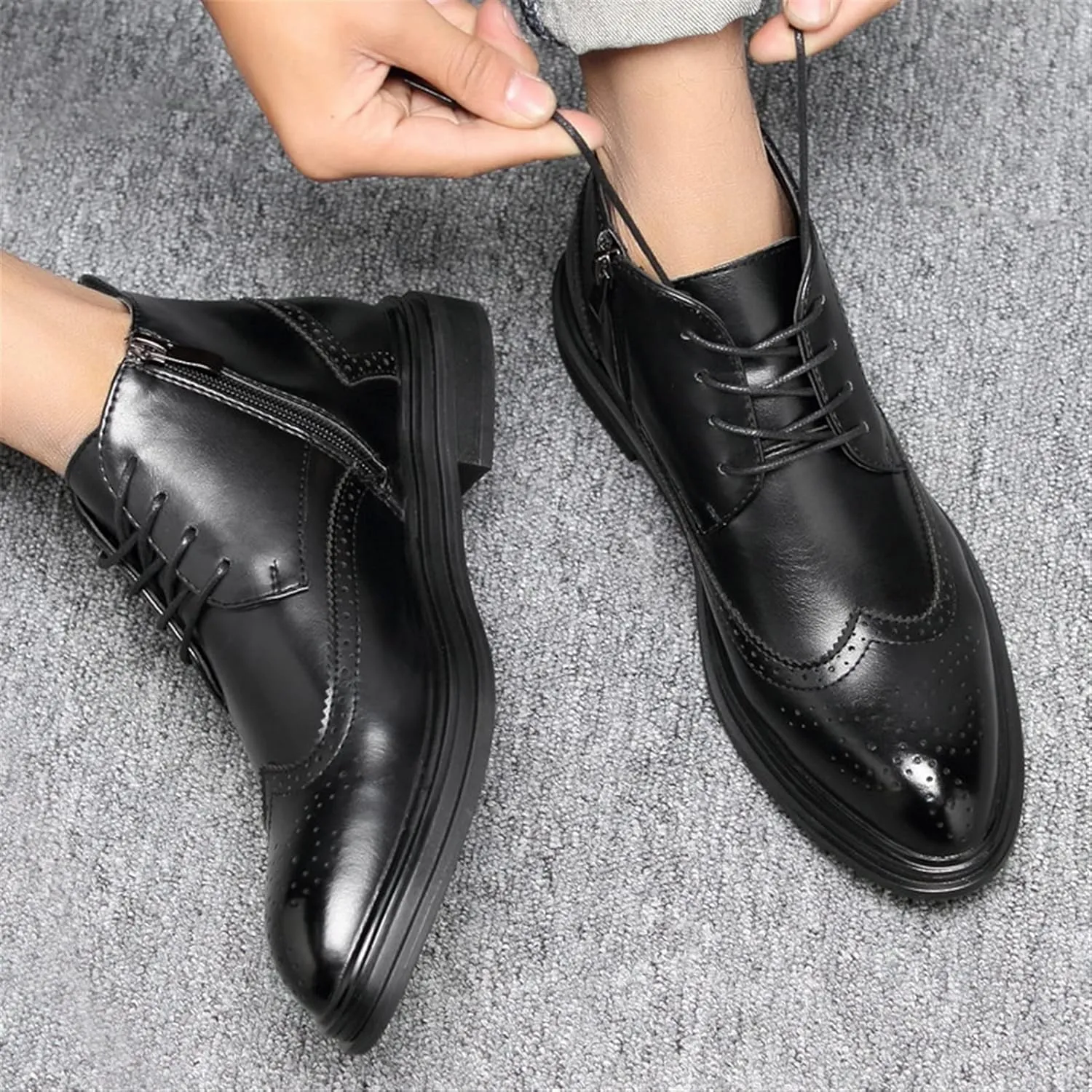 HOOENG Round Toe Lace Up Boots for Men Carved Brogue Win Tip PU Anti-Slip Wearable Block Heel Vintage Fashion Dress