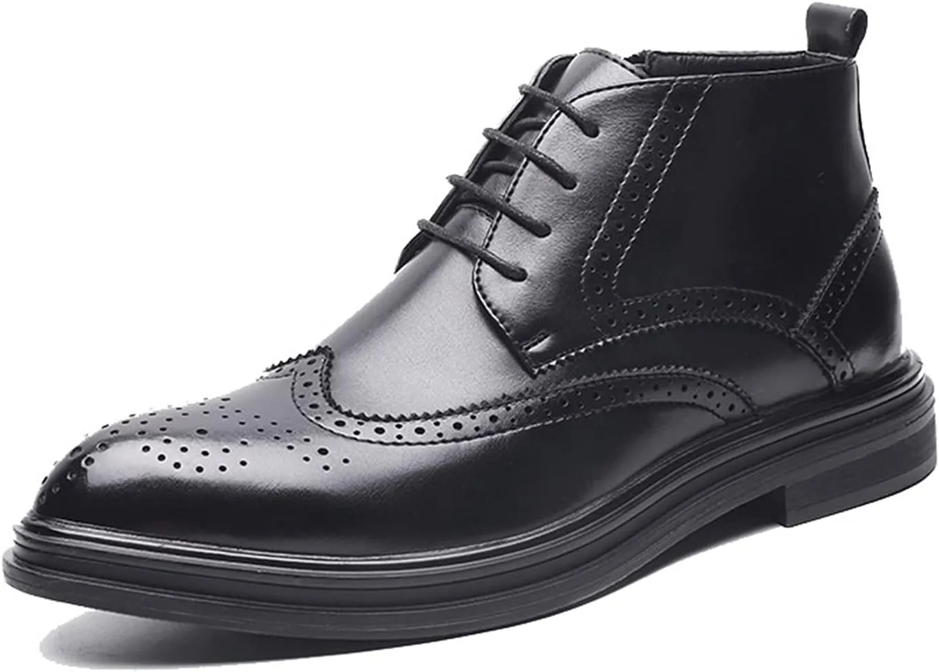 HOOENG Round Toe Lace Up Boots for Men Carved Brogue Win Tip PU Anti-Slip Wearable Block Heel Vintage Fashion Dress