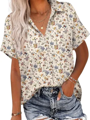 HOTOUCH Linen Button Down Shirt Women Short Sleeve Cotton Blouses V Neck Collared Summer Beach Tops S-2XL