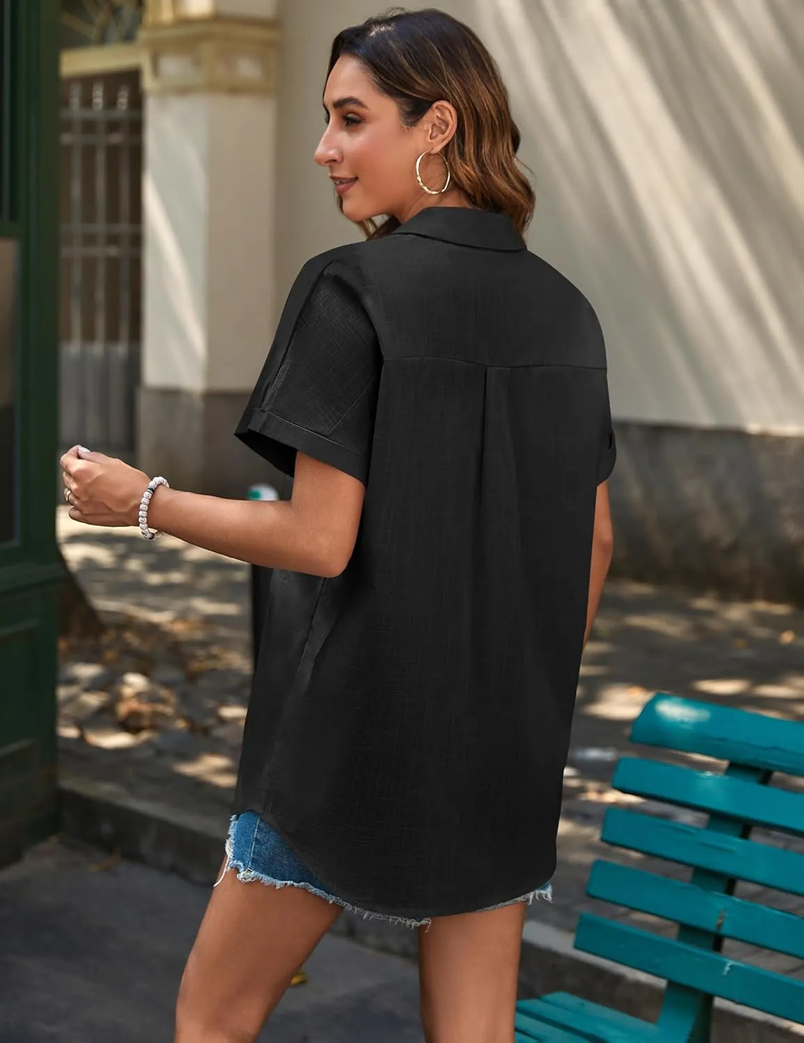 HOTOUCH Linen Button Down Shirt Women Short Sleeve Cotton Blouses V Neck Collared Summer Beach Tops S-2XL