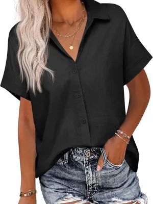 HOTOUCH Linen Button Down Shirt Women Short Sleeve Cotton Blouses V Neck Collared Summer Beach Tops S-2XL