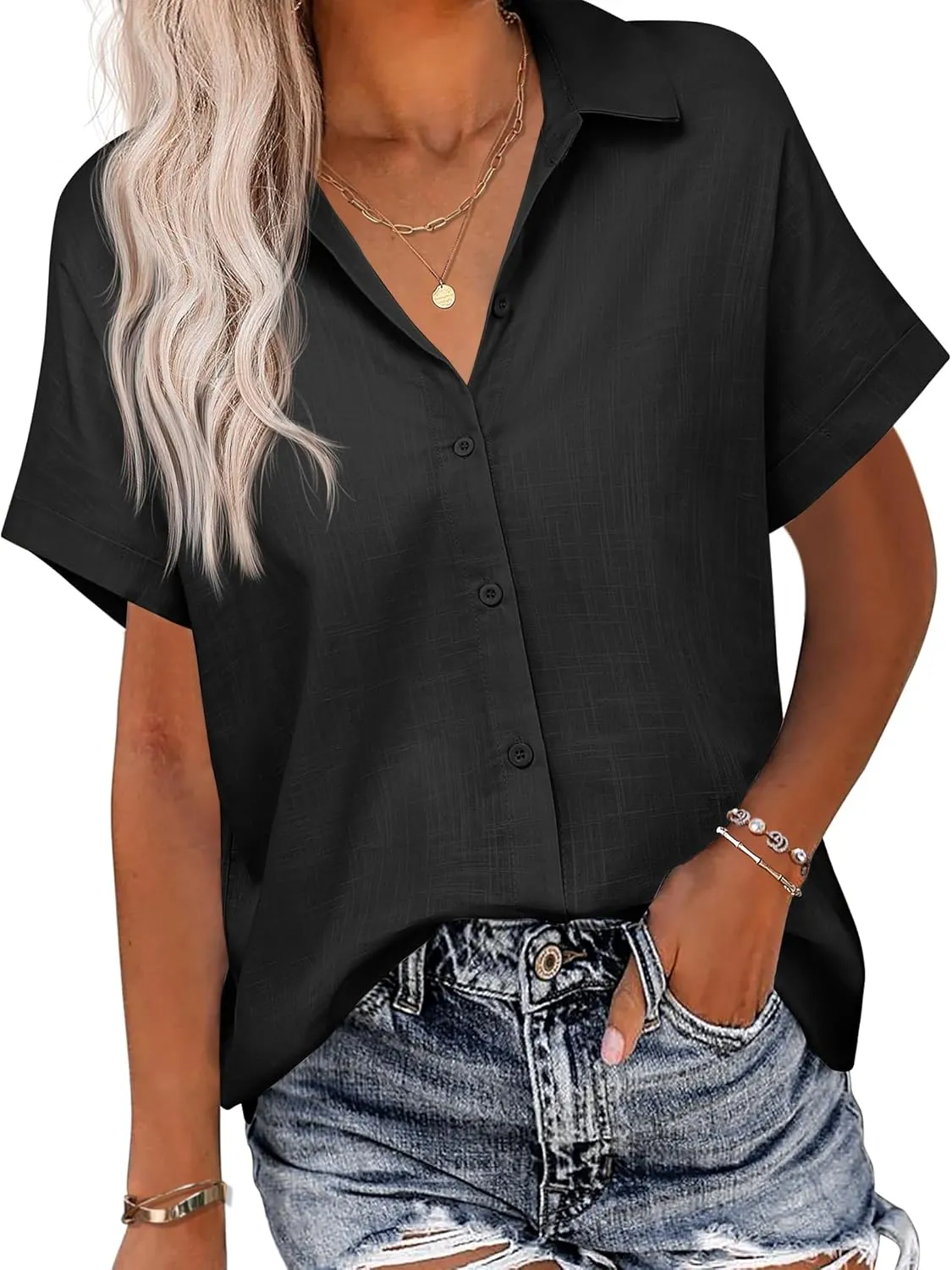 HOTOUCH Linen Button Down Shirt Women Short Sleeve Cotton Blouses V Neck Collared Summer Beach Tops S-2XL