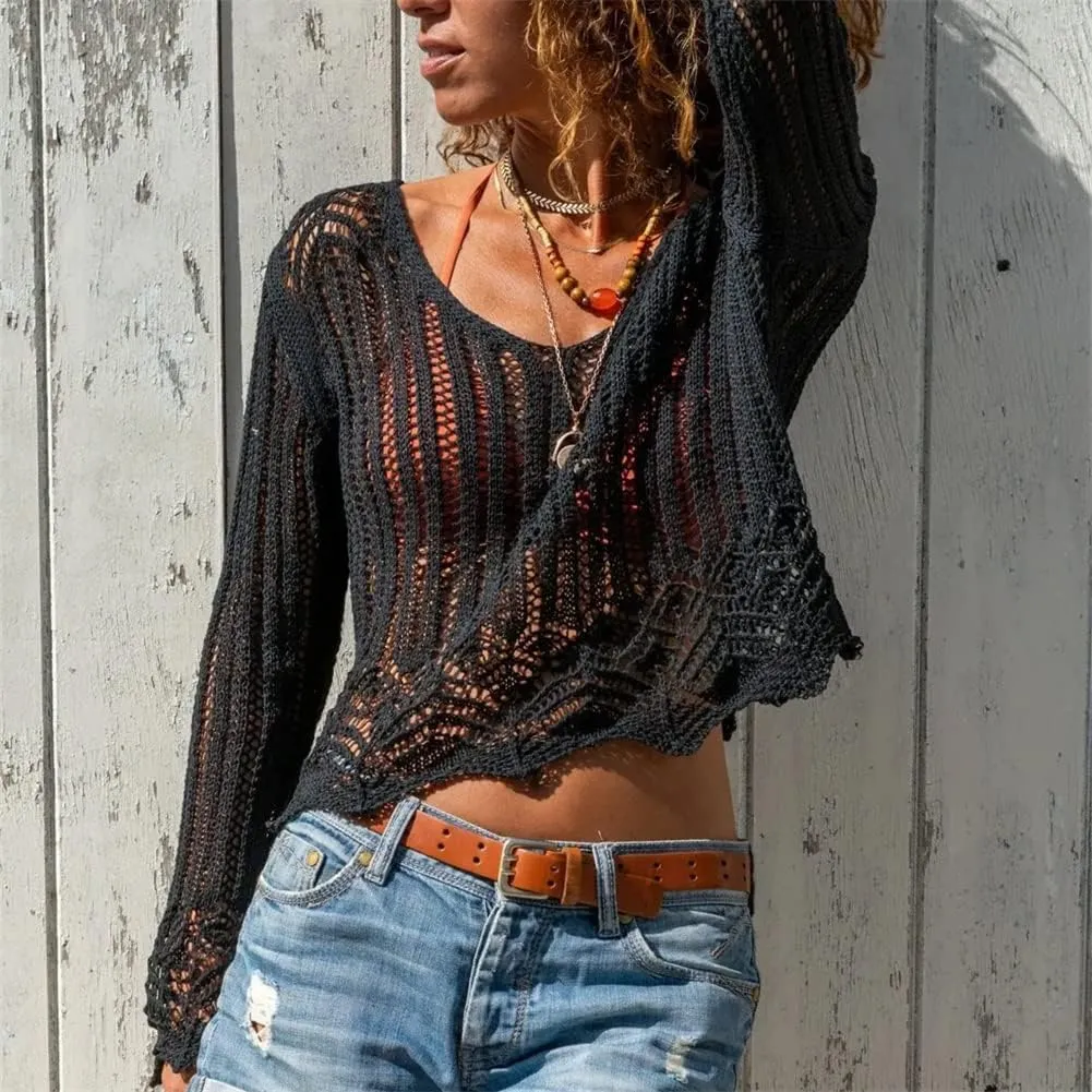 HOULENGS Women's Long Sleeve Sexy Crochet Hollow Out Cover Up V Neck See Through Knit Jumper Tops