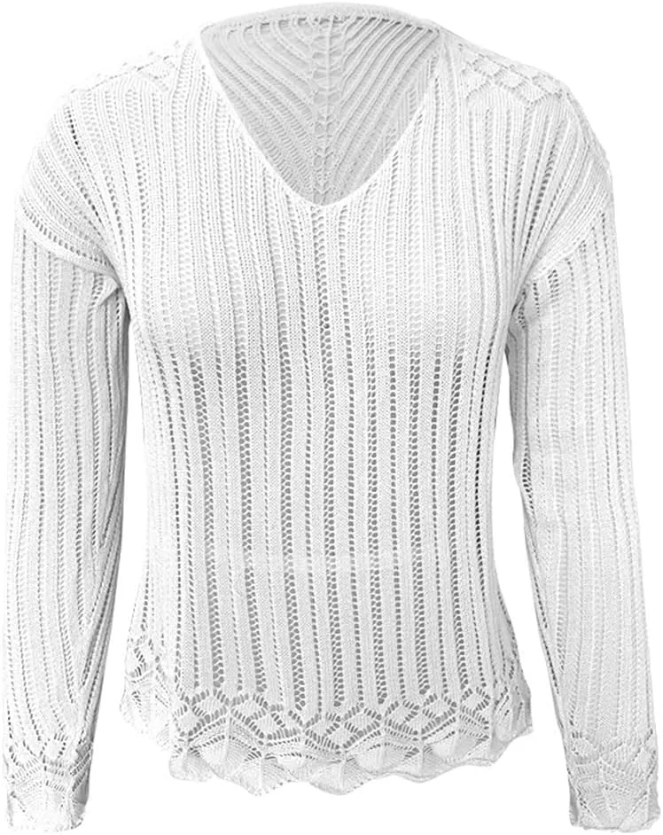 HOULENGS Women's Long Sleeve Sexy Crochet Hollow Out Cover Up V Neck See Through Knit Jumper Tops