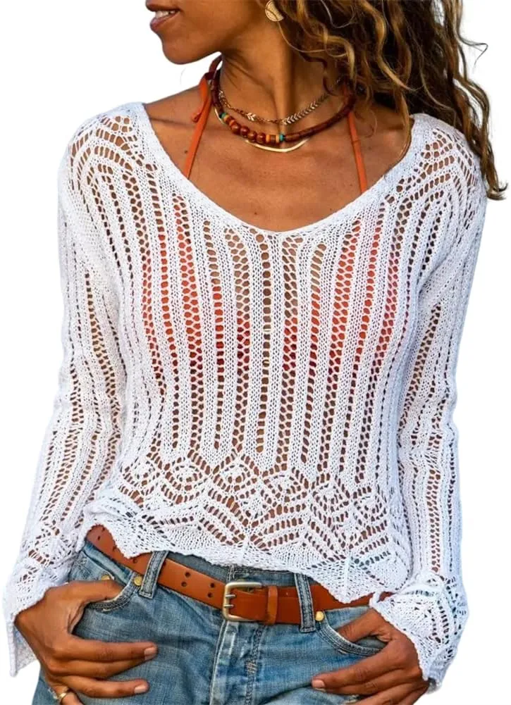 HOULENGS Women's Long Sleeve Sexy Crochet Hollow Out Cover Up V Neck See Through Knit Jumper Tops
