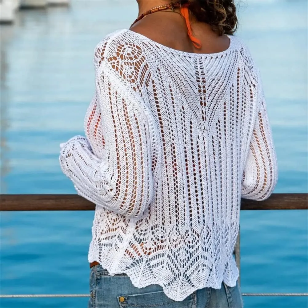 HOULENGS Women's Long Sleeve Sexy Crochet Hollow Out Cover Up V Neck See Through Knit Jumper Tops