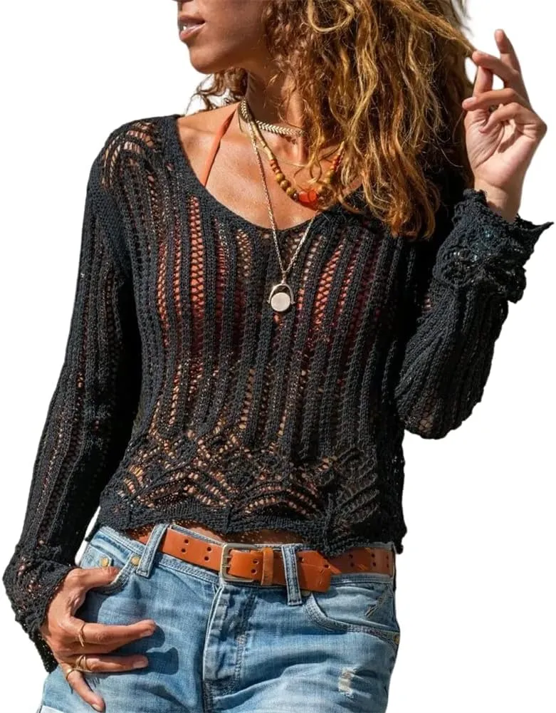 HOULENGS Women's Long Sleeve Sexy Crochet Hollow Out Cover Up V Neck See Through Knit Jumper Tops