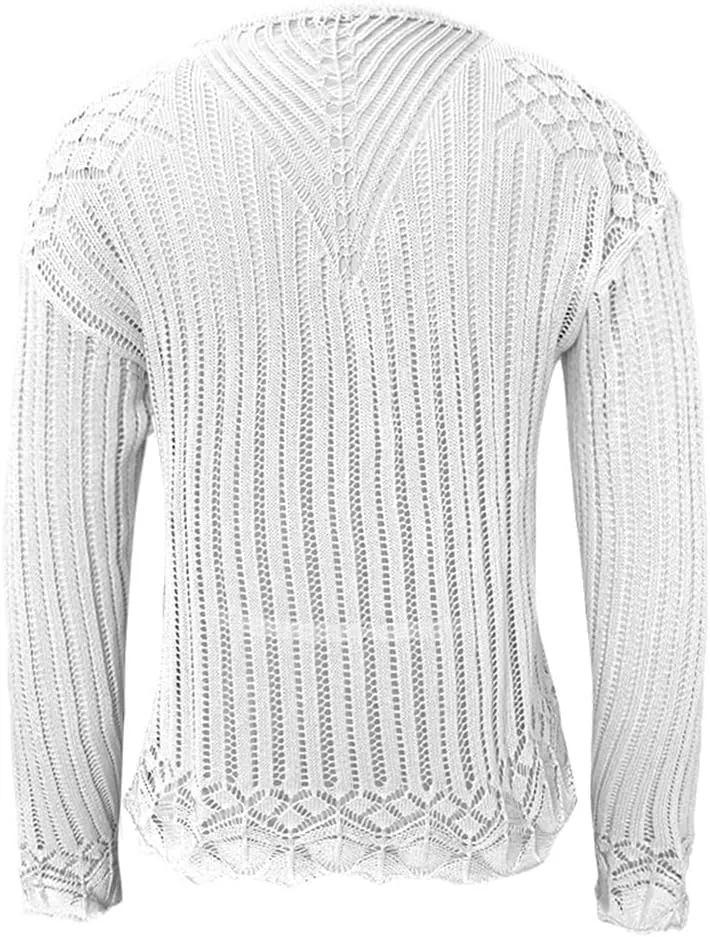 HOULENGS Women's Long Sleeve Sexy Crochet Hollow Out Cover Up V Neck See Through Knit Jumper Tops