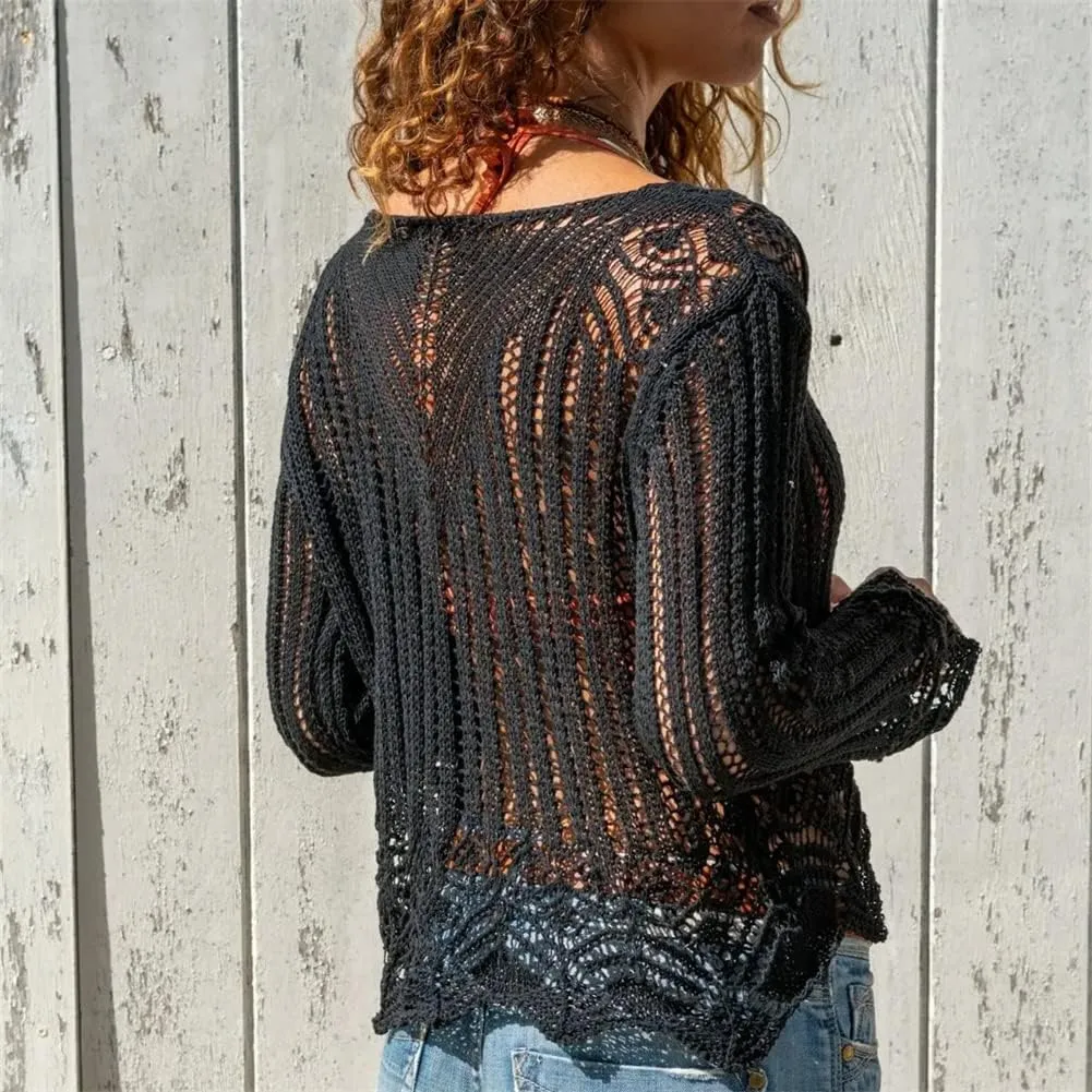HOULENGS Women's Long Sleeve Sexy Crochet Hollow Out Cover Up V Neck See Through Knit Jumper Tops
