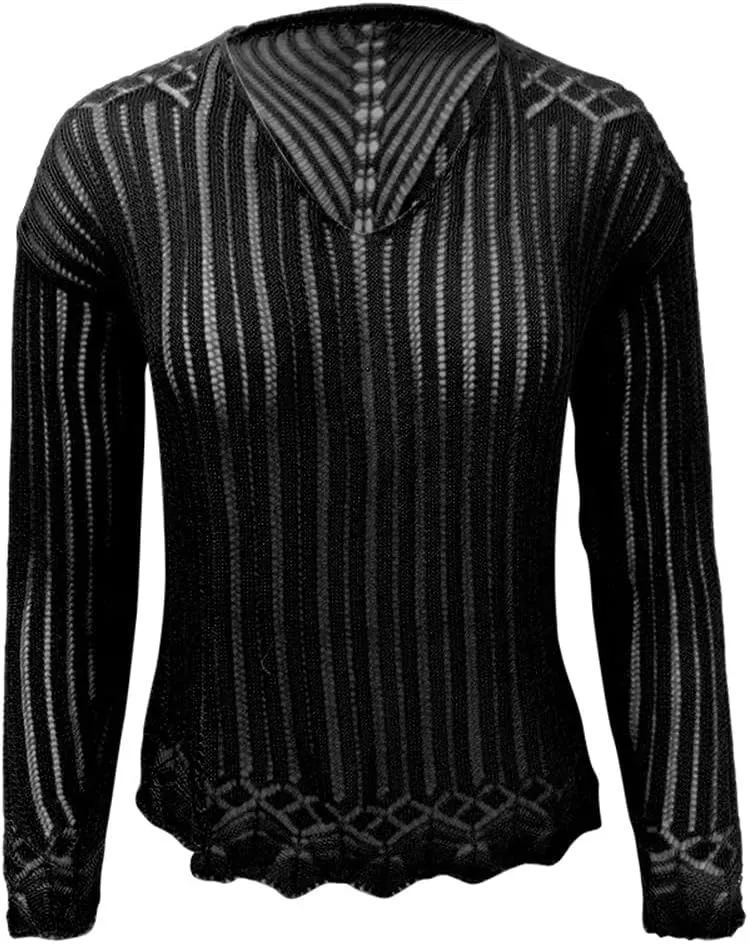 HOULENGS Women's Long Sleeve Sexy Crochet Hollow Out Cover Up V Neck See Through Knit Jumper Tops