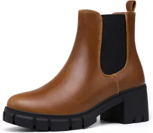 IDIFU IN2 Chelsea Boots Women Ankle Boots for Women Platform Low Chunky Block Heel Lug Sole Round Toe Fall Dress Boots for Women Comfortable Fashion Booties Cute Office Elastic Short Heeled Boots