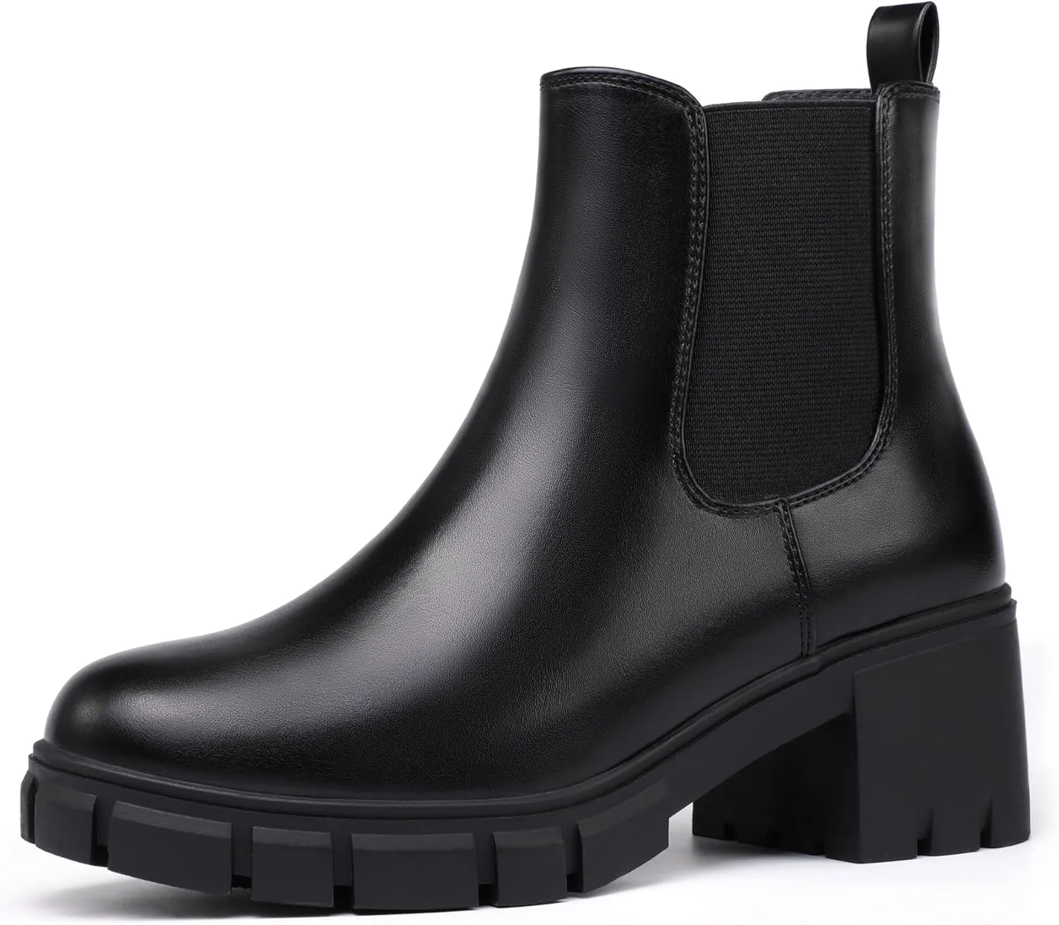 IDIFU IN2 Chelsea Boots Women Ankle Boots for Women Platform Low Chunky Block Heel Lug Sole Round Toe Fall Dress Boots for Women Comfortable Fashion Booties Cute Office Elastic Short Heeled Boots