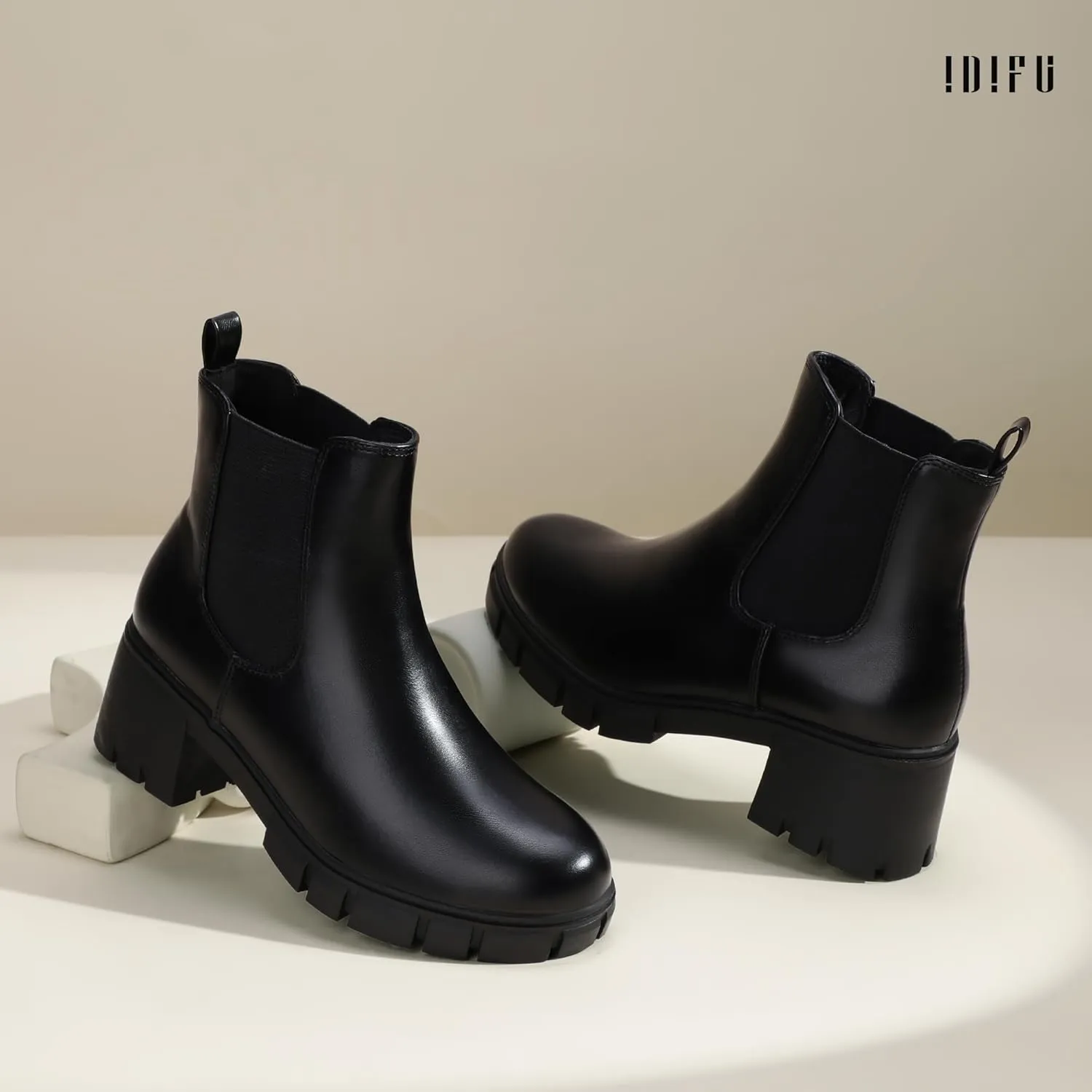IDIFU IN2 Chelsea Boots Women Ankle Boots for Women Platform Low Chunky Block Heel Lug Sole Round Toe Fall Dress Boots for Women Comfortable Fashion Booties Cute Office Elastic Short Heeled Boots
