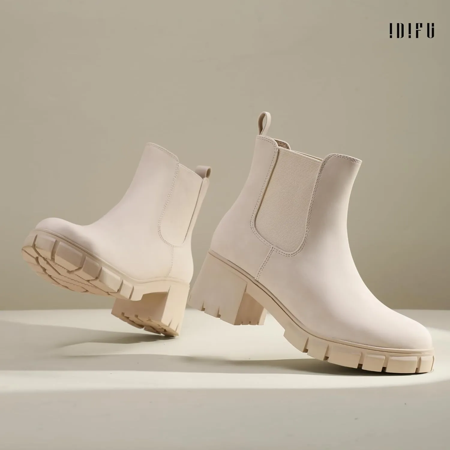 IDIFU IN2 Chelsea Boots Women Ankle Boots for Women Platform Low Chunky Block Heel Lug Sole Round Toe Fall Dress Boots for Women Comfortable Fashion Booties Cute Office Elastic Short Heeled Boots