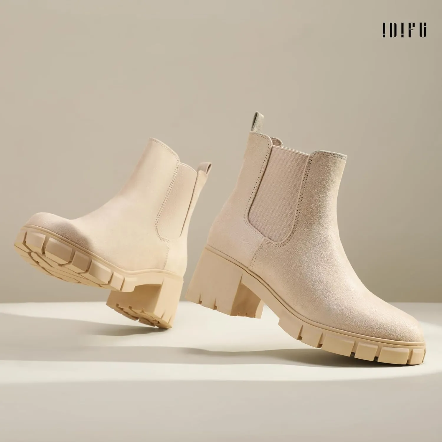 IDIFU IN2 Chelsea Boots Women Ankle Boots for Women Platform Low Chunky Block Heel Lug Sole Round Toe Fall Dress Boots for Women Comfortable Fashion Booties Cute Office Elastic Short Heeled Boots