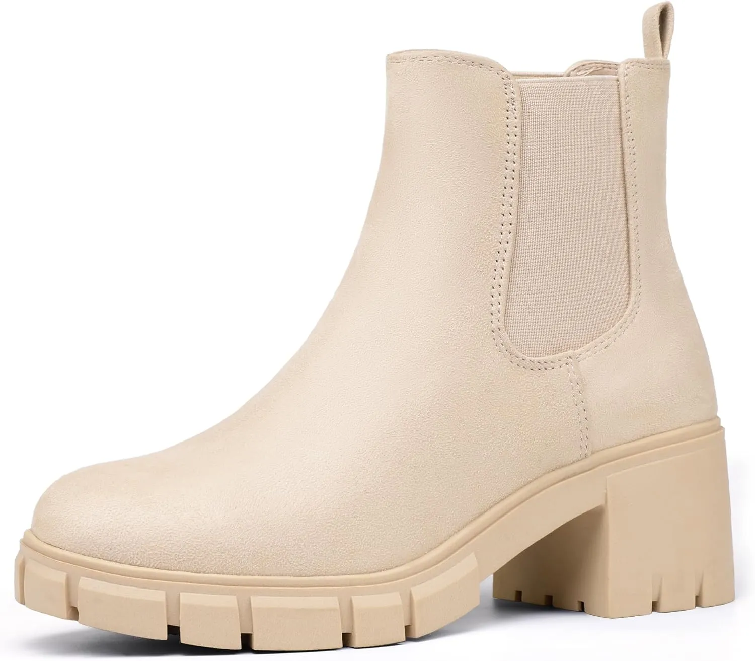 IDIFU IN2 Chelsea Boots Women Ankle Boots for Women Platform Low Chunky Block Heel Lug Sole Round Toe Fall Dress Boots for Women Comfortable Fashion Booties Cute Office Elastic Short Heeled Boots