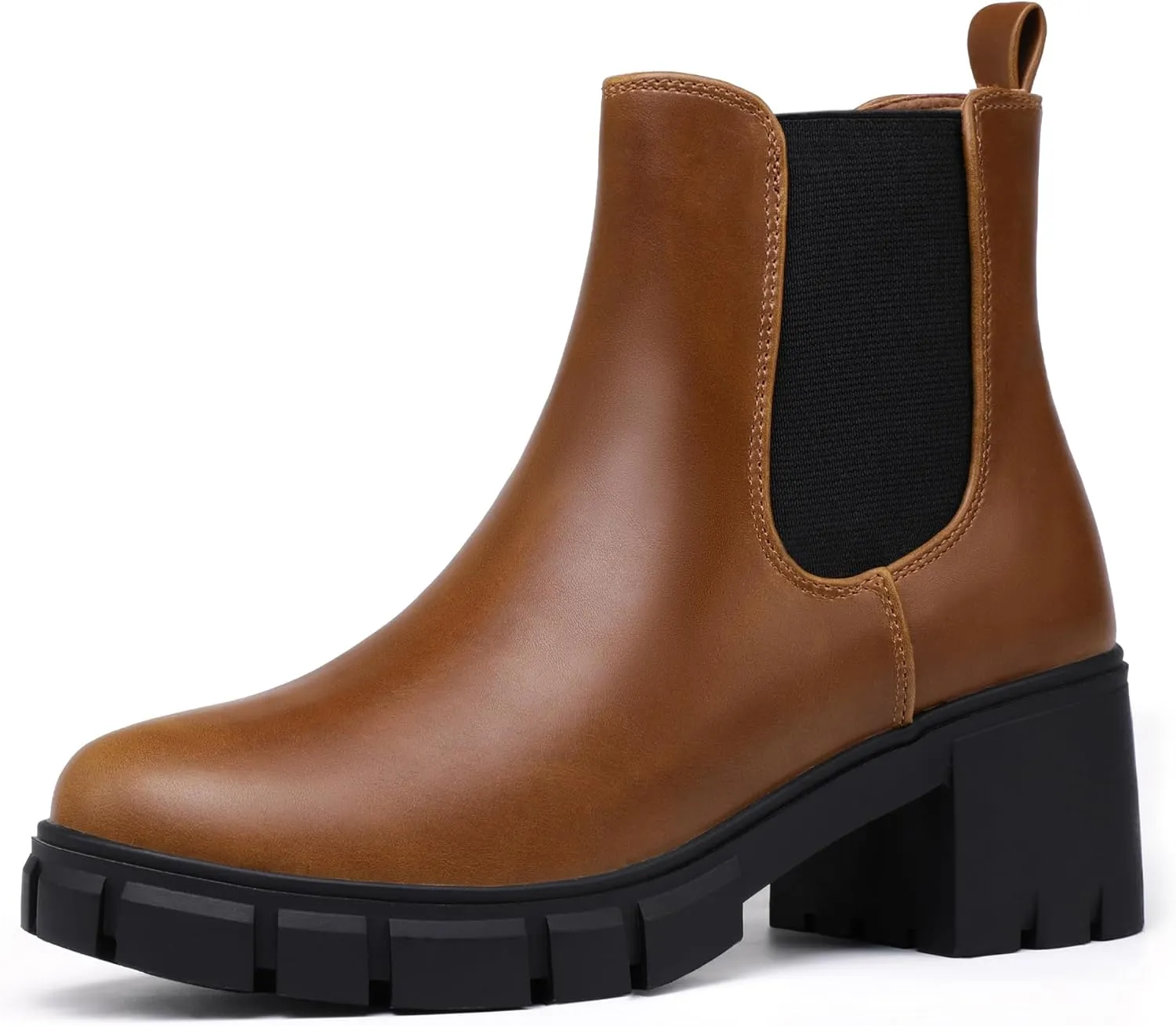 IDIFU IN2 Chelsea Boots Women Ankle Boots for Women Platform Low Chunky Block Heel Lug Sole Round Toe Fall Dress Boots for Women Comfortable Fashion Booties Cute Office Elastic Short Heeled Boots