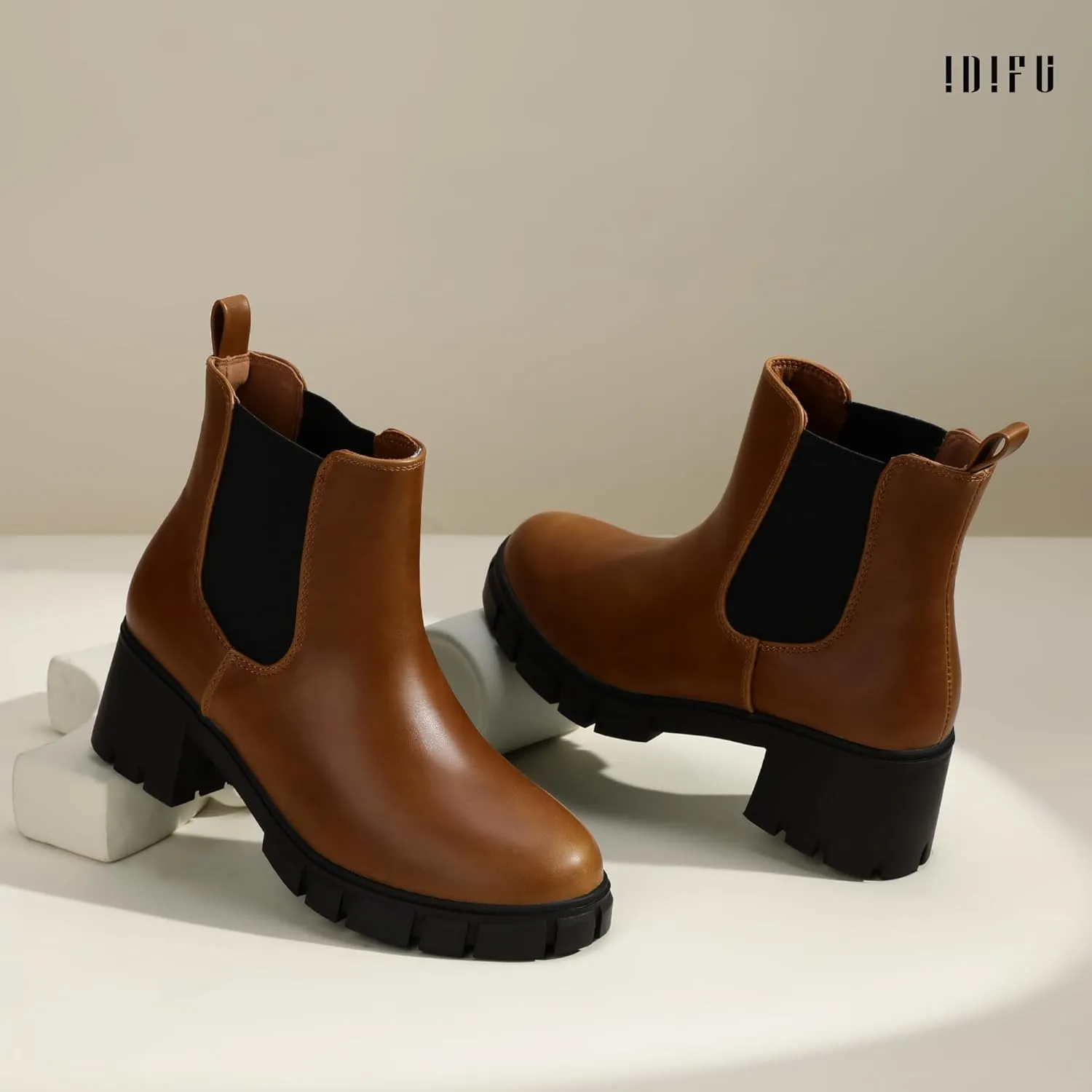 IDIFU IN2 Chelsea Boots Women Ankle Boots for Women Platform Low Chunky Block Heel Lug Sole Round Toe Fall Dress Boots for Women Comfortable Fashion Booties Cute Office Elastic Short Heeled Boots