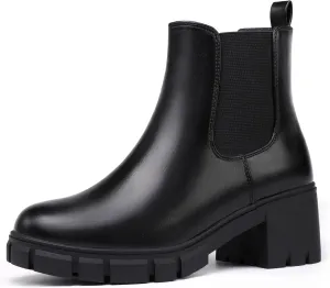 IDIFU IN2 Chelsea Boots Women Ankle Boots for Women Platform Low Chunky Block Heel Lug Sole Round Toe Fall Dress Boots for Women Comfortable Fashion Booties Cute Office Elastic Short Heeled Boots