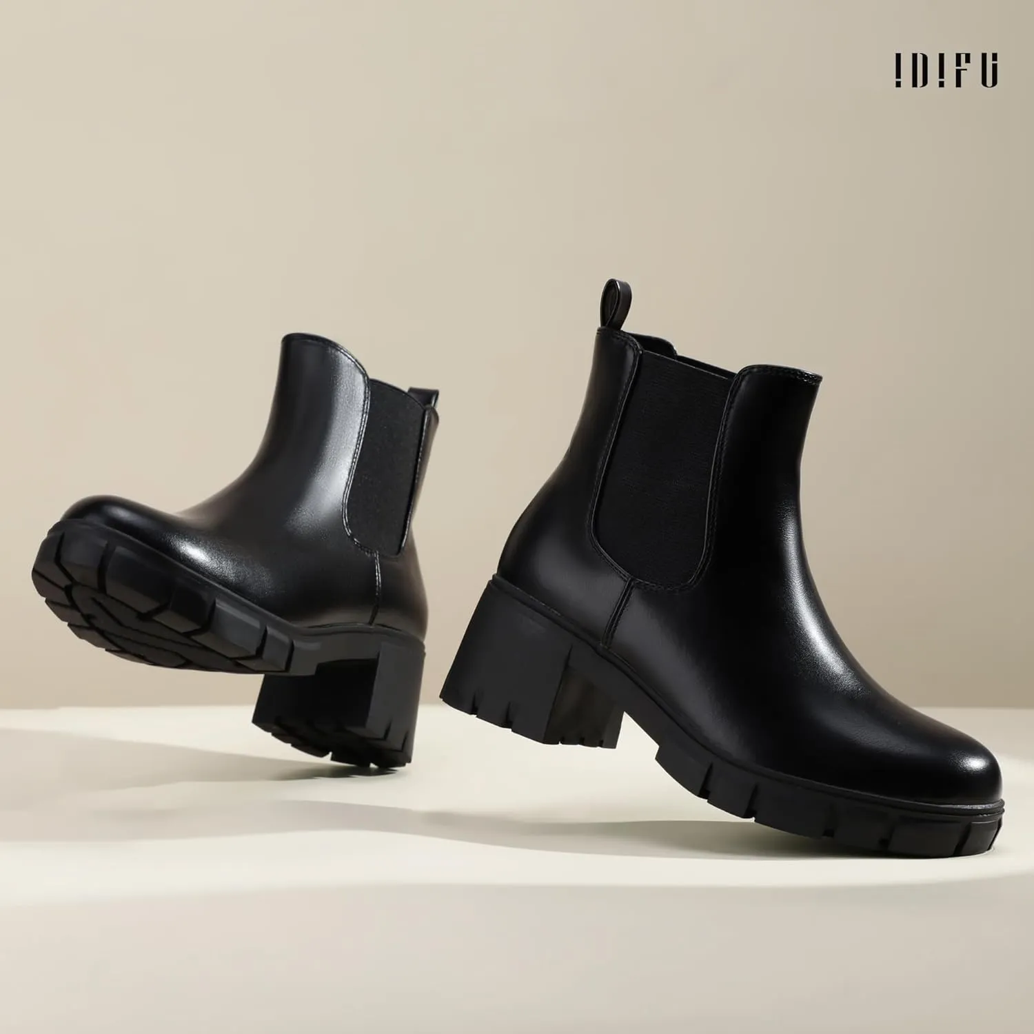 IDIFU IN2 Chelsea Boots Women Ankle Boots for Women Platform Low Chunky Block Heel Lug Sole Round Toe Fall Dress Boots for Women Comfortable Fashion Booties Cute Office Elastic Short Heeled Boots