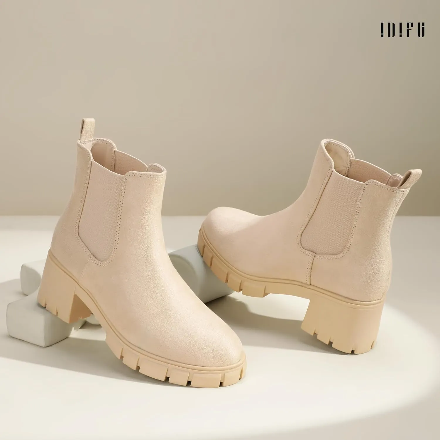 IDIFU IN2 Chelsea Boots Women Ankle Boots for Women Platform Low Chunky Block Heel Lug Sole Round Toe Fall Dress Boots for Women Comfortable Fashion Booties Cute Office Elastic Short Heeled Boots