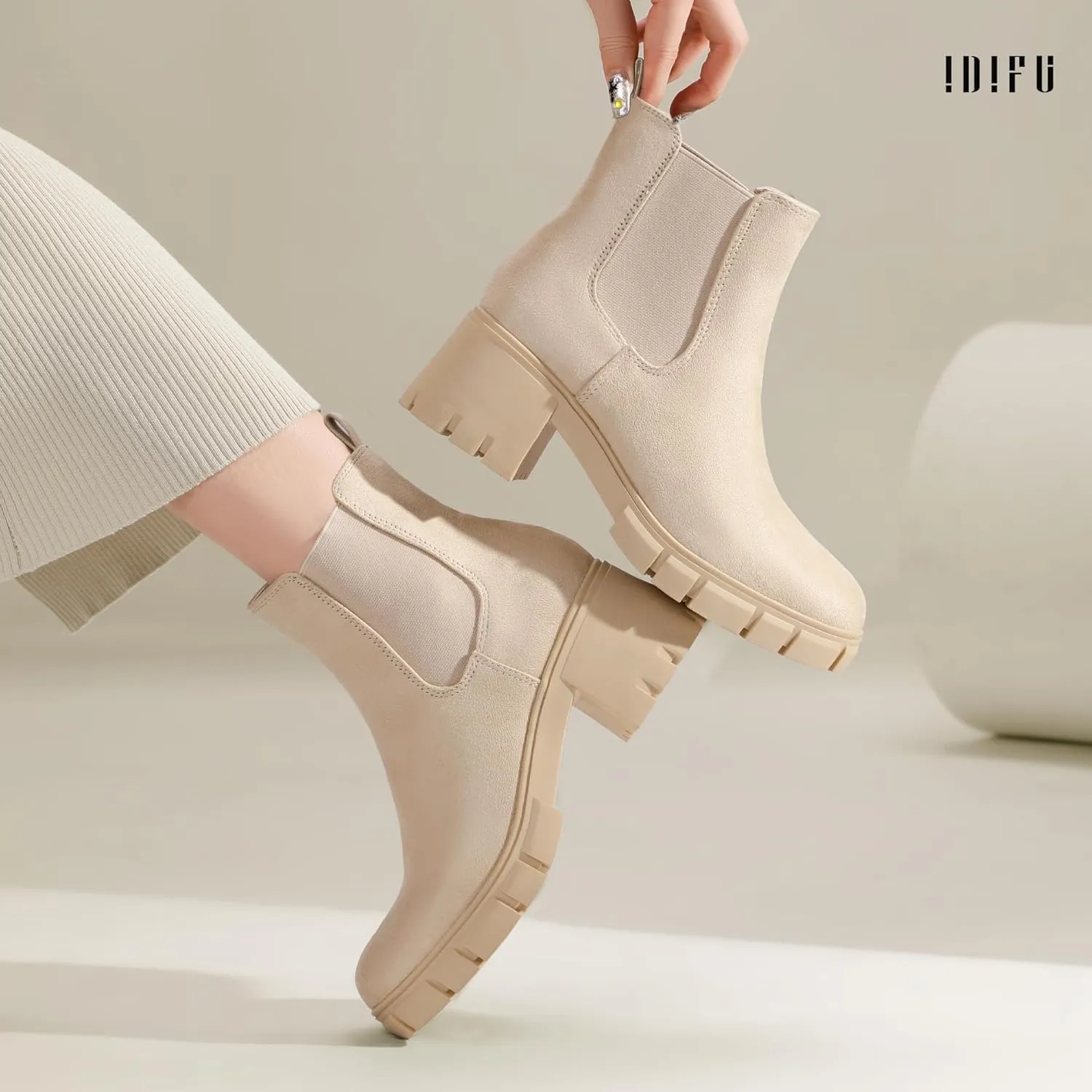 IDIFU IN2 Chelsea Boots Women Ankle Boots for Women Platform Low Chunky Block Heel Lug Sole Round Toe Fall Dress Boots for Women Comfortable Fashion Booties Cute Office Elastic Short Heeled Boots