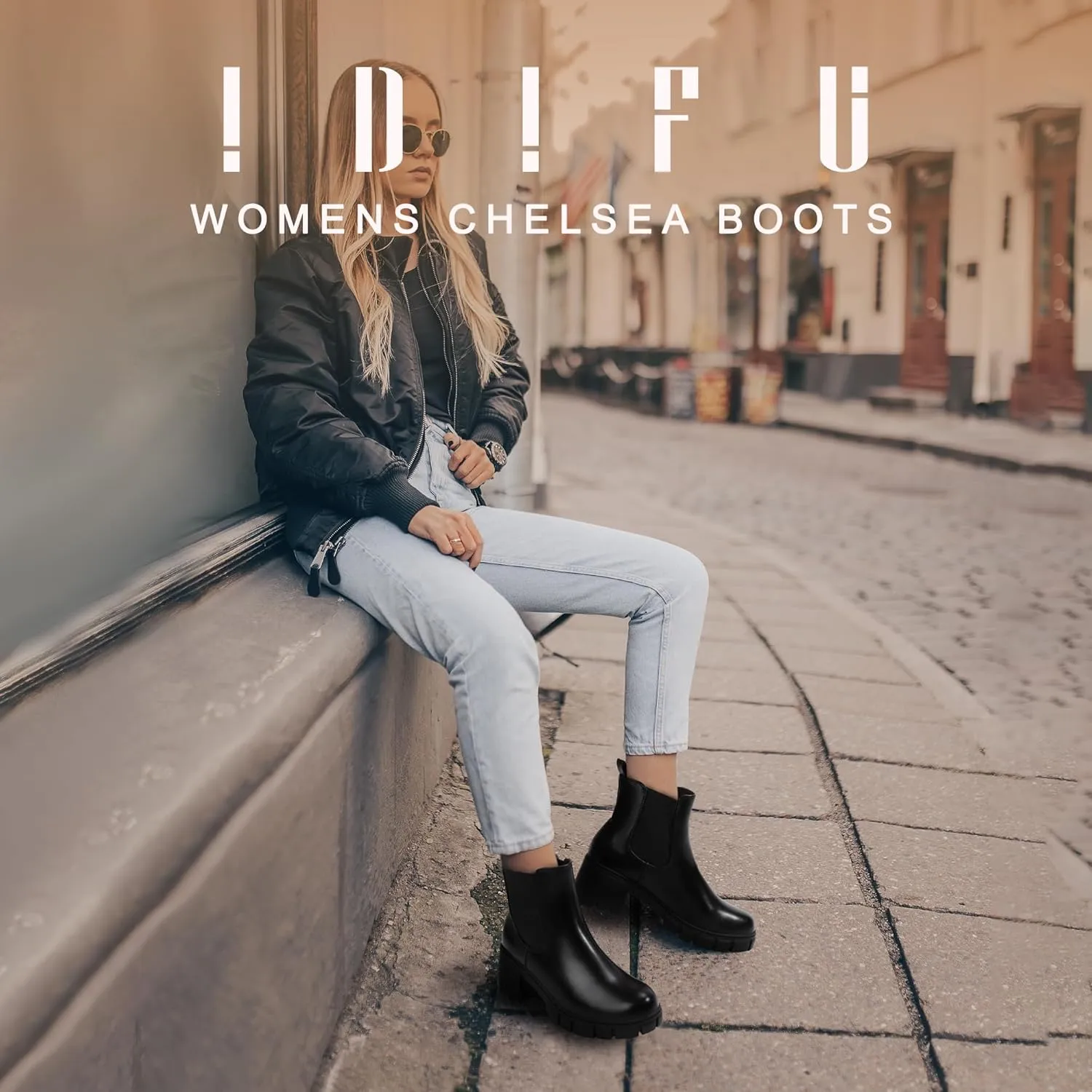 IDIFU IN2 Chelsea Boots Women Ankle Boots for Women Platform Low Chunky Block Heel Lug Sole Round Toe Fall Dress Boots for Women Comfortable Fashion Booties Cute Office Elastic Short Heeled Boots