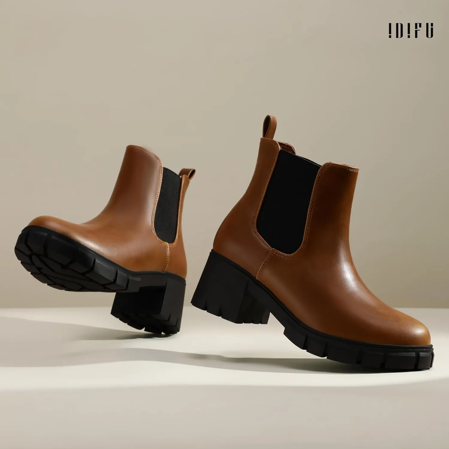 IDIFU IN2 Chelsea Boots Women Ankle Boots for Women Platform Low Chunky Block Heel Lug Sole Round Toe Fall Dress Boots for Women Comfortable Fashion Booties Cute Office Elastic Short Heeled Boots