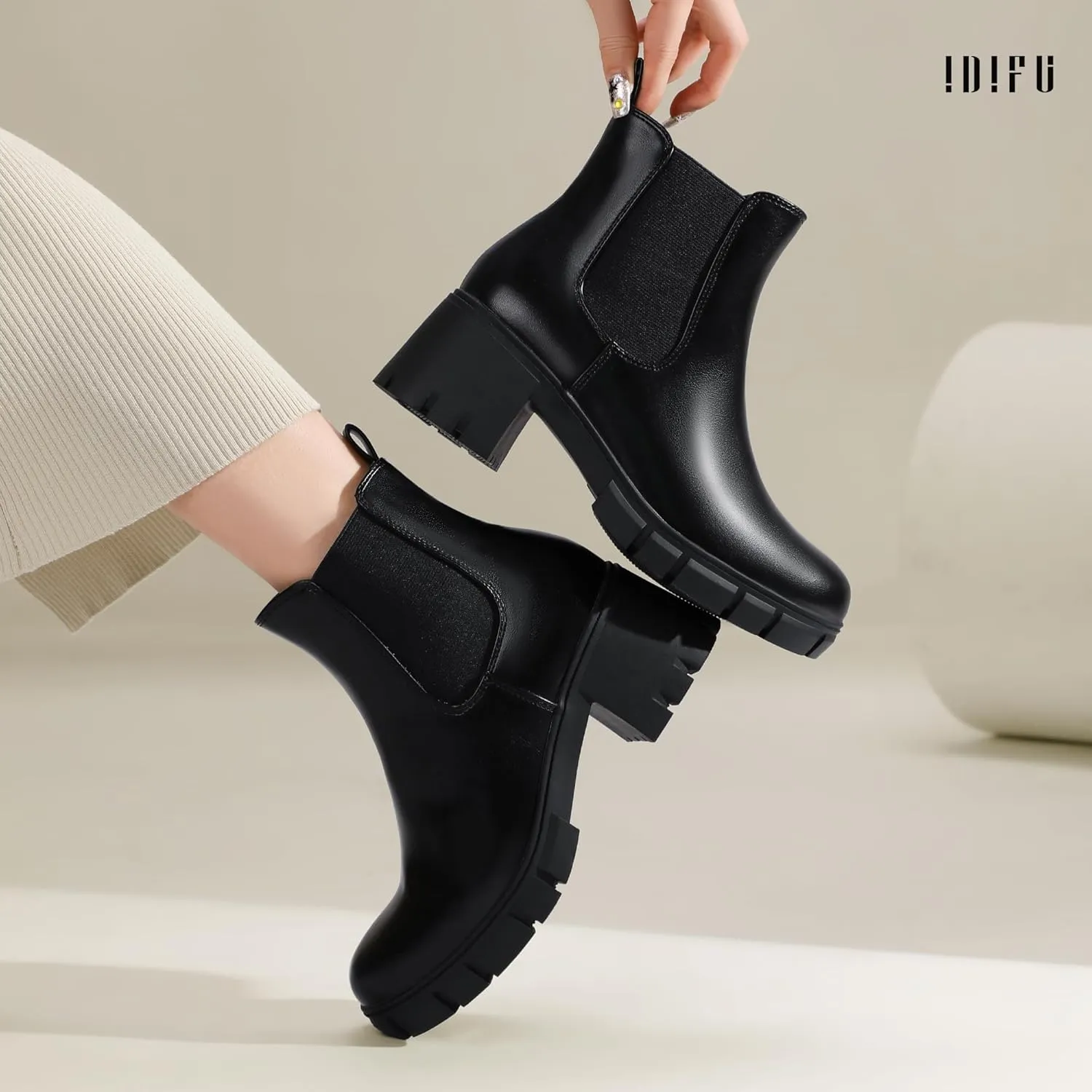 IDIFU IN2 Chelsea Boots Women Ankle Boots for Women Platform Low Chunky Block Heel Lug Sole Round Toe Fall Dress Boots for Women Comfortable Fashion Booties Cute Office Elastic Short Heeled Boots