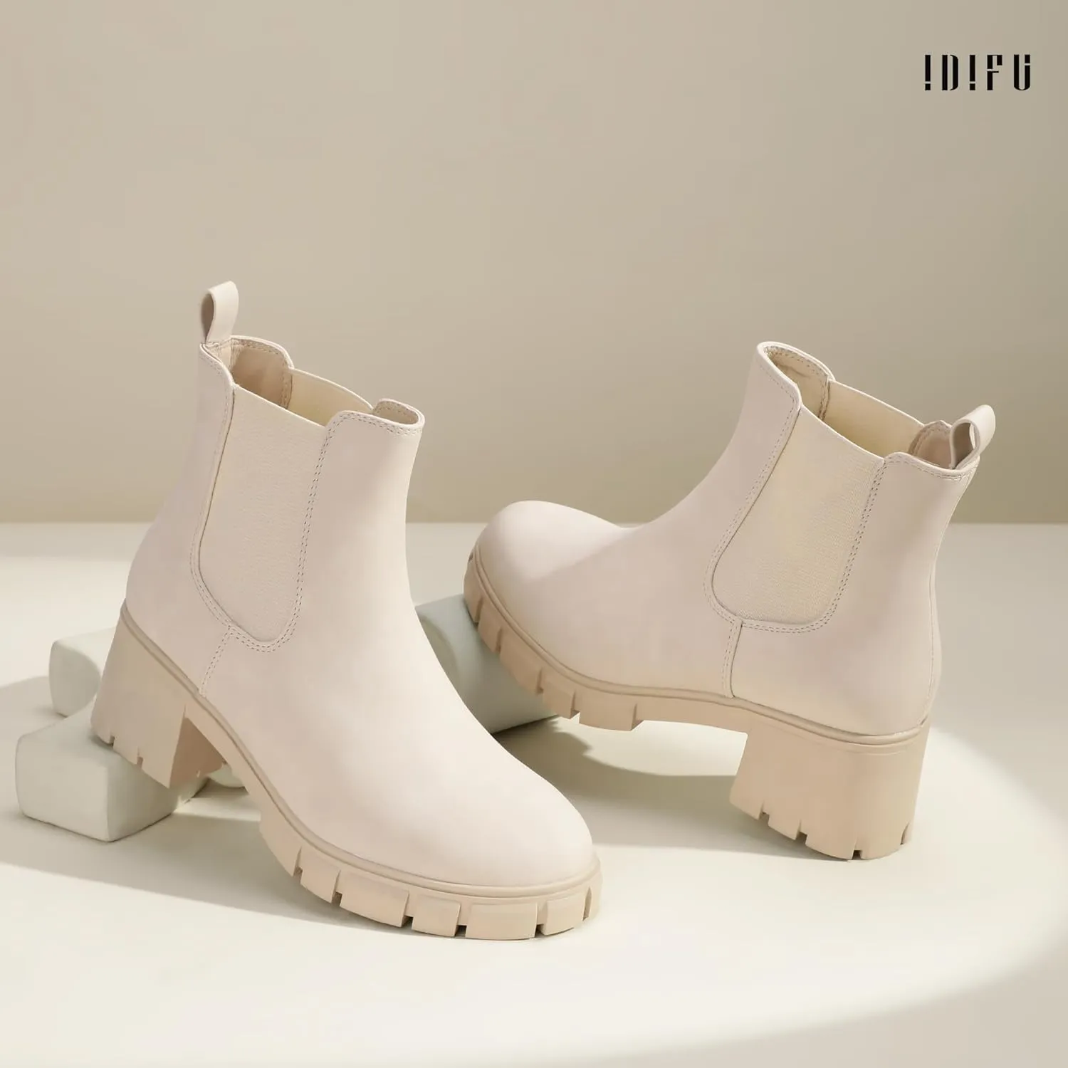 IDIFU IN2 Chelsea Boots Women Ankle Boots for Women Platform Low Chunky Block Heel Lug Sole Round Toe Fall Dress Boots for Women Comfortable Fashion Booties Cute Office Elastic Short Heeled Boots