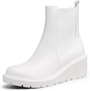 IDIFU IN3 Wedge Chelsea Boots for Women Platform Low Heel Womens Boots Short Lug Sole Round Toe Ankle Boots Fall Dress Fashion Booties Pull On Cute Elastic Heeled Boots