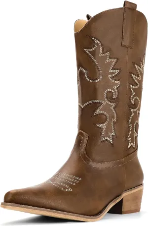 IDIFU Women's Cowboy Boots for Women Cowgirl Boots Western Boots Mid Calf Embroidered Chunky Low Heel Pointed Toe Country Boots Dress Cute Fashion Comfortable Cowboy Cowgirl Boots Booties