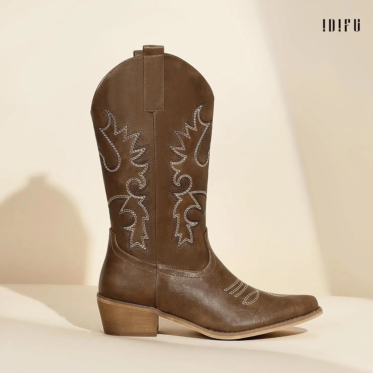 IDIFU Women's Cowboy Boots for Women Cowgirl Boots Western Boots Mid Calf Embroidered Chunky Low Heel Pointed Toe Country Boots Dress Cute Fashion Comfortable Cowboy Cowgirl Boots Booties
