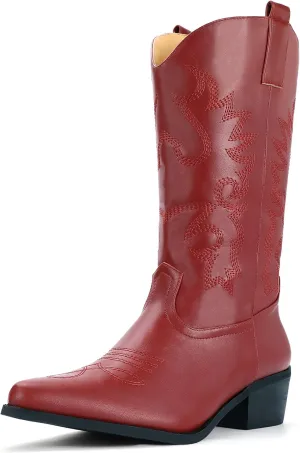 IDIFU Women's Cowboy Boots for Women Cowgirl Boots Western Boots Mid Calf Embroidered Chunky Low Heel Pointed Toe Country Boots Dress Cute Fashion Comfortable Cowboy Cowgirl Boots Booties