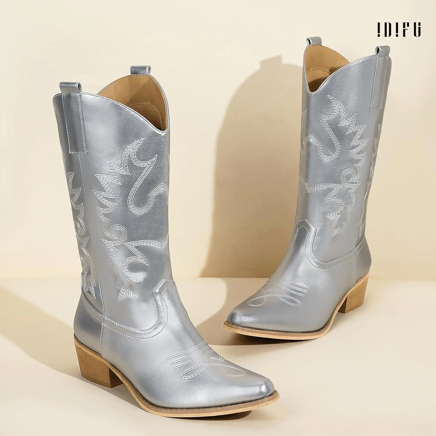IDIFU Women's Cowboy Boots for Women Cowgirl Boots Western Boots Mid Calf Embroidered Chunky Low Heel Pointed Toe Country Boots Dress Cute Fashion Comfortable Cowboy Cowgirl Boots Booties