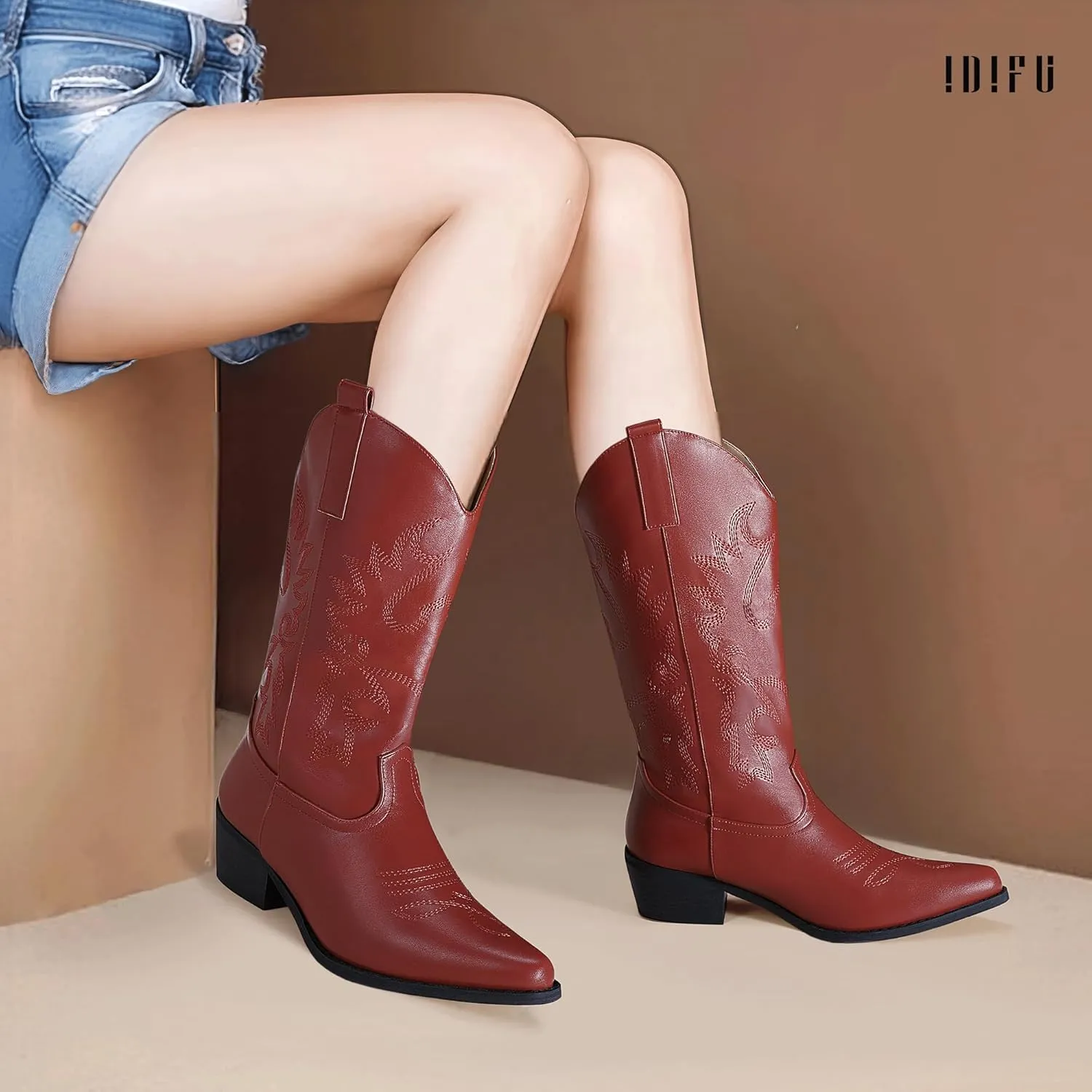 IDIFU Women's Cowboy Boots for Women Cowgirl Boots Western Boots Mid Calf Embroidered Chunky Low Heel Pointed Toe Country Boots Dress Cute Fashion Comfortable Cowboy Cowgirl Boots Booties