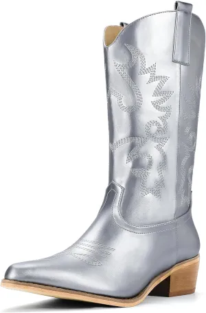 IDIFU Women's Cowboy Boots for Women Cowgirl Boots Western Boots Mid Calf Embroidered Chunky Low Heel Pointed Toe Country Boots Dress Cute Fashion Comfortable Cowboy Cowgirl Boots Booties