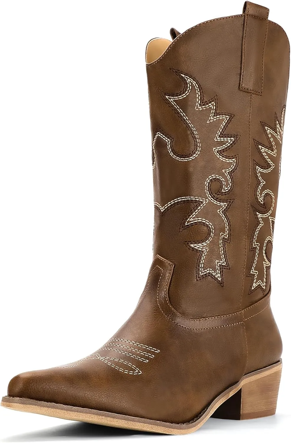 IDIFU Women's Cowboy Boots for Women Cowgirl Boots Western Boots Mid Calf Embroidered Chunky Low Heel Pointed Toe Country Boots Dress Cute Fashion Comfortable Cowboy Cowgirl Boots Booties
