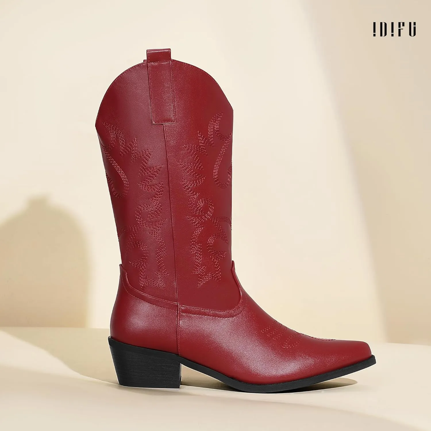 IDIFU Women's Cowboy Boots for Women Cowgirl Boots Western Boots Mid Calf Embroidered Chunky Low Heel Pointed Toe Country Boots Dress Cute Fashion Comfortable Cowboy Cowgirl Boots Booties
