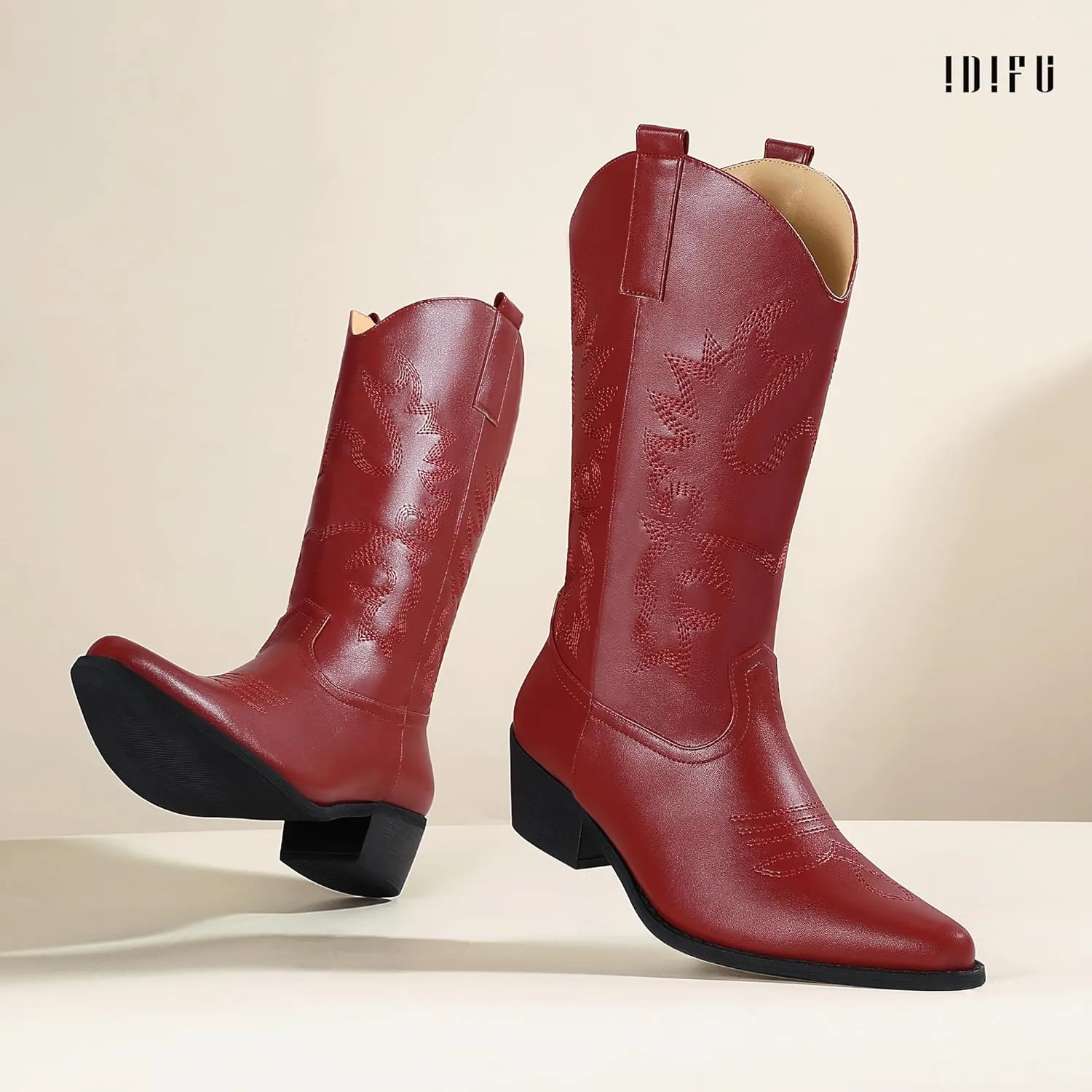 IDIFU Women's Cowboy Boots for Women Cowgirl Boots Western Boots Mid Calf Embroidered Chunky Low Heel Pointed Toe Country Boots Dress Cute Fashion Comfortable Cowboy Cowgirl Boots Booties