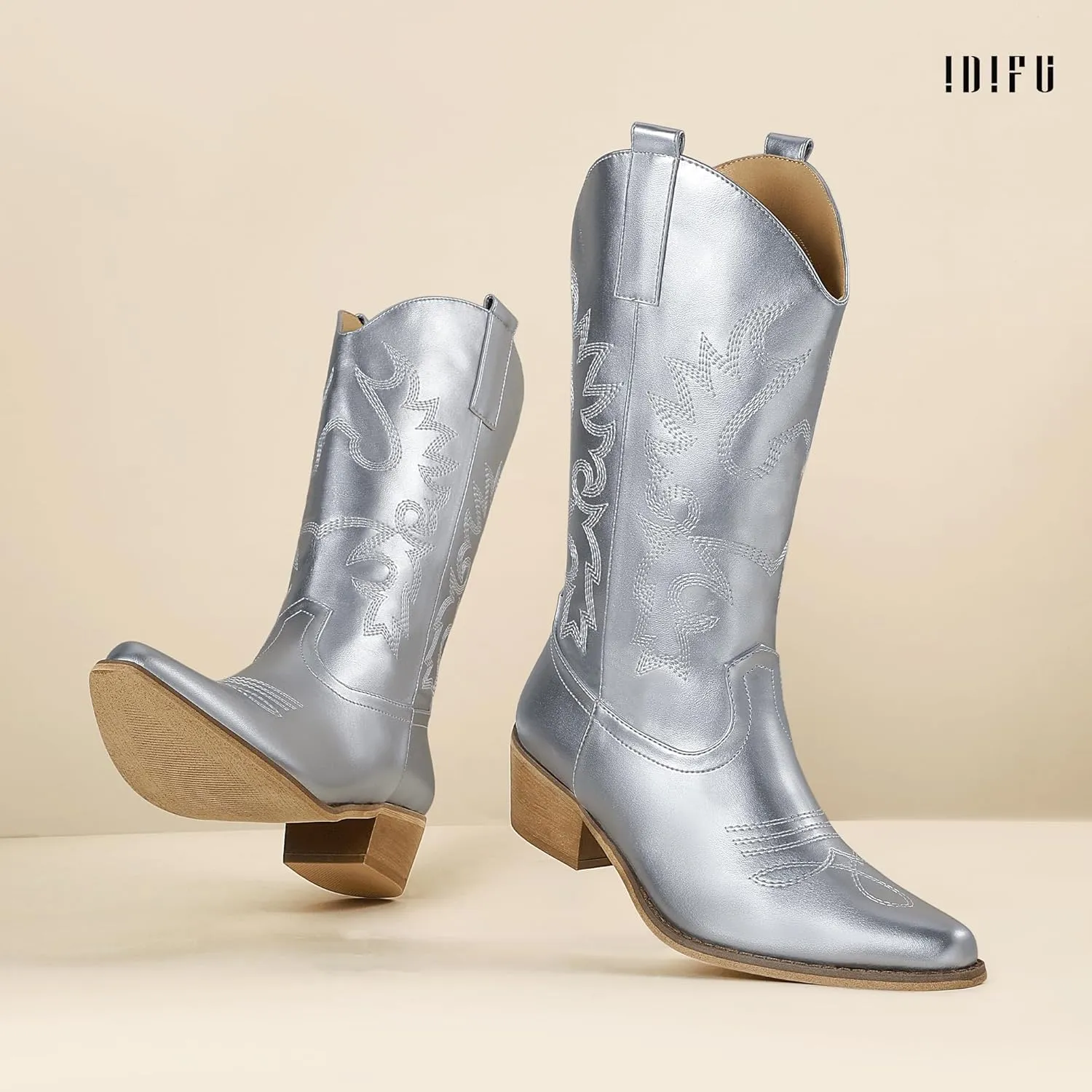 IDIFU Women's Cowboy Boots for Women Cowgirl Boots Western Boots Mid Calf Embroidered Chunky Low Heel Pointed Toe Country Boots Dress Cute Fashion Comfortable Cowboy Cowgirl Boots Booties