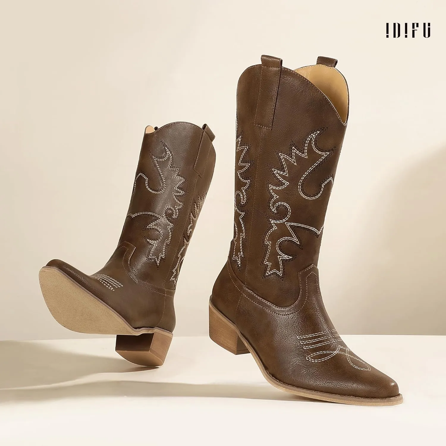 IDIFU Women's Cowboy Boots for Women Cowgirl Boots Western Boots Mid Calf Embroidered Chunky Low Heel Pointed Toe Country Boots Dress Cute Fashion Comfortable Cowboy Cowgirl Boots Booties