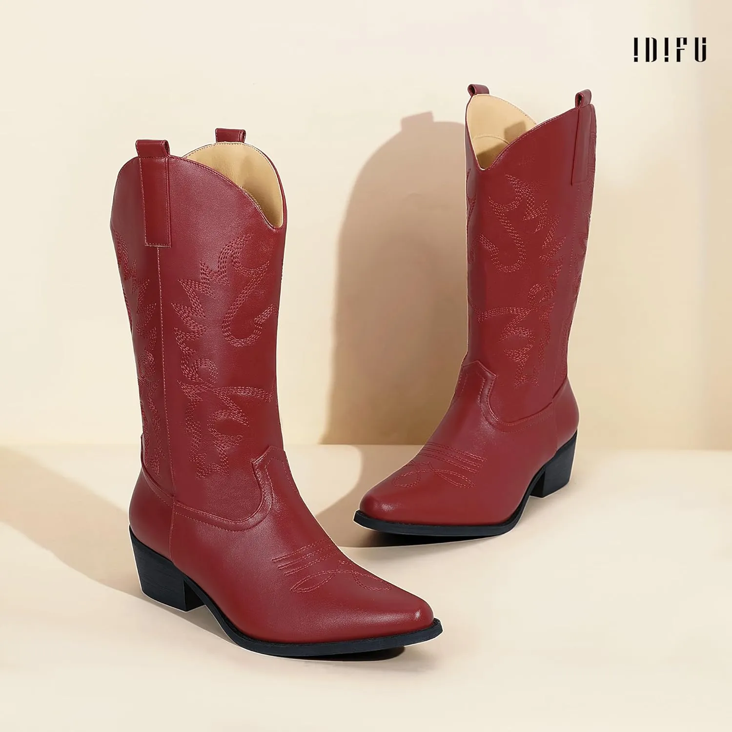 IDIFU Women's Cowboy Boots for Women Cowgirl Boots Western Boots Mid Calf Embroidered Chunky Low Heel Pointed Toe Country Boots Dress Cute Fashion Comfortable Cowboy Cowgirl Boots Booties