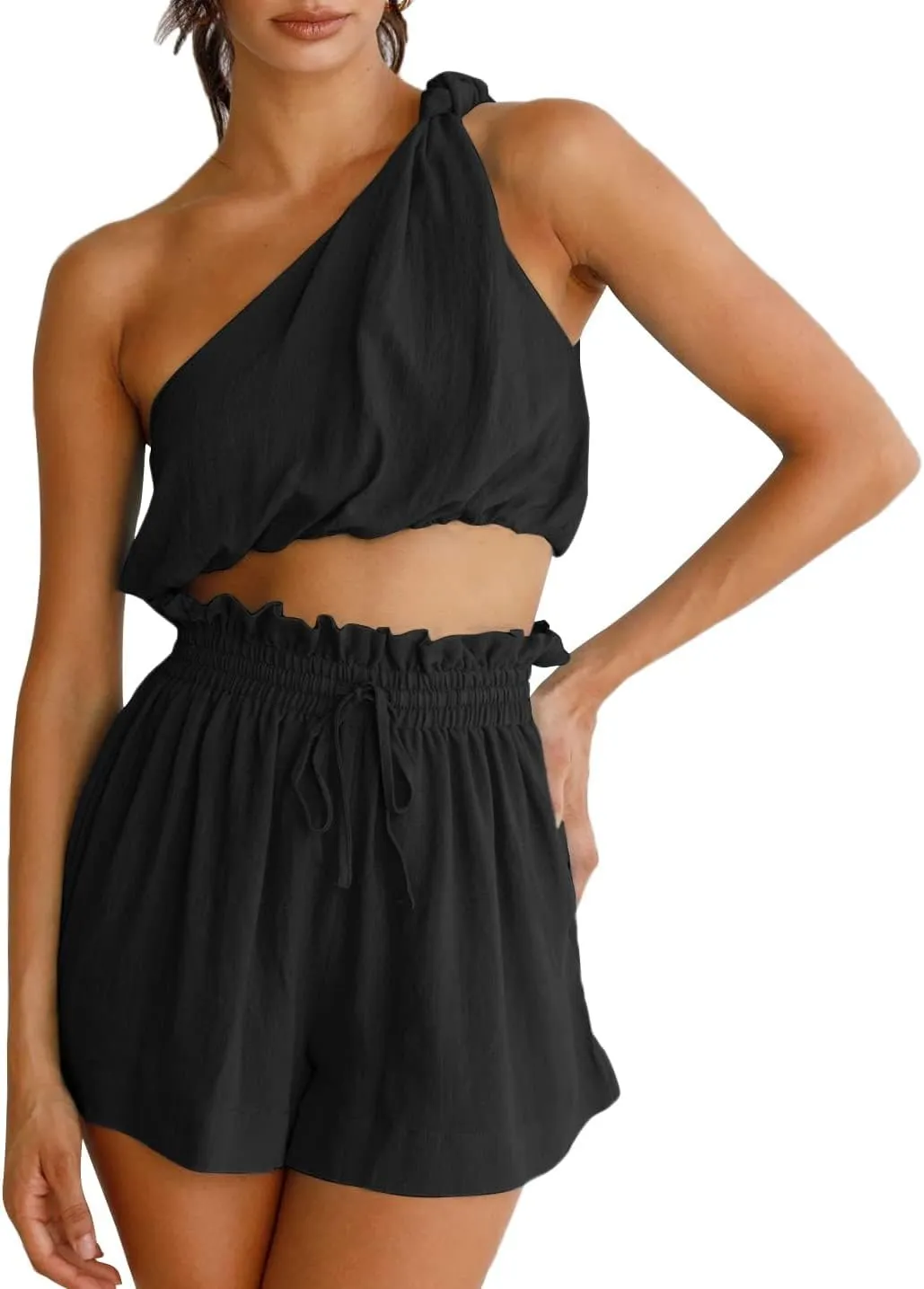 Imily Bela Womens 2 Piece Outfits Linen Matching Sets Two Piece Crop Tops and Paper Bag Waist Shorts Sets 2025 Summer Outfits