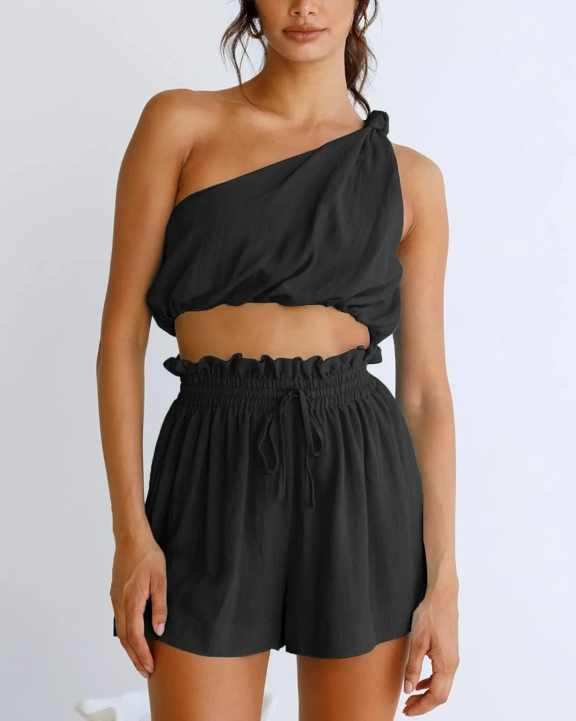 Imily Bela Womens 2 Piece Outfits Linen Matching Sets Two Piece Crop Tops and Paper Bag Waist Shorts Sets 2025 Summer Outfits