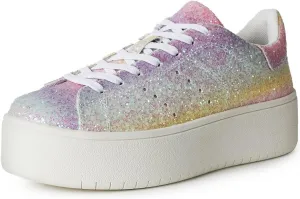J. Adams Hero Platform Sneakers for Women - Casual Lace Up Fashion Tennis Shoes - Rainbow Glitter - 9