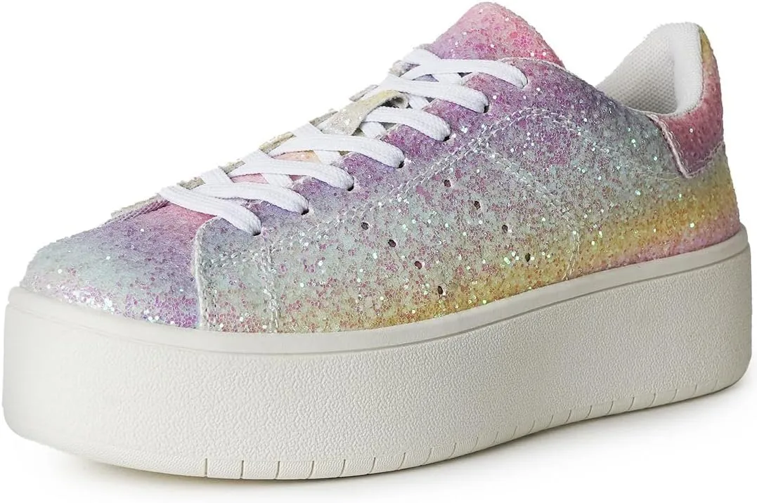 J. Adams Hero Platform Sneakers for Women - Casual Lace Up Fashion Tennis Shoes - Rainbow Glitter - 9