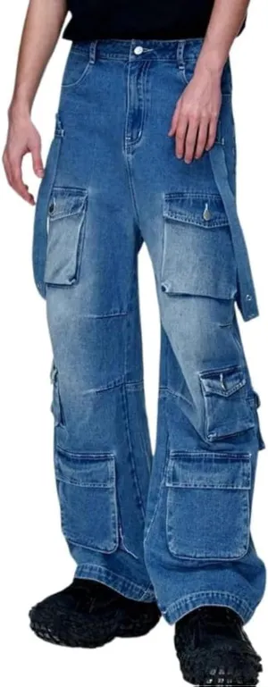 jupkem Men's Baggy Jeans Y2k Goth Wide Leg with Multiple Pockets Women Fashion 90s Hiphop Cargo Pants Y2k Harajuku Streetwear