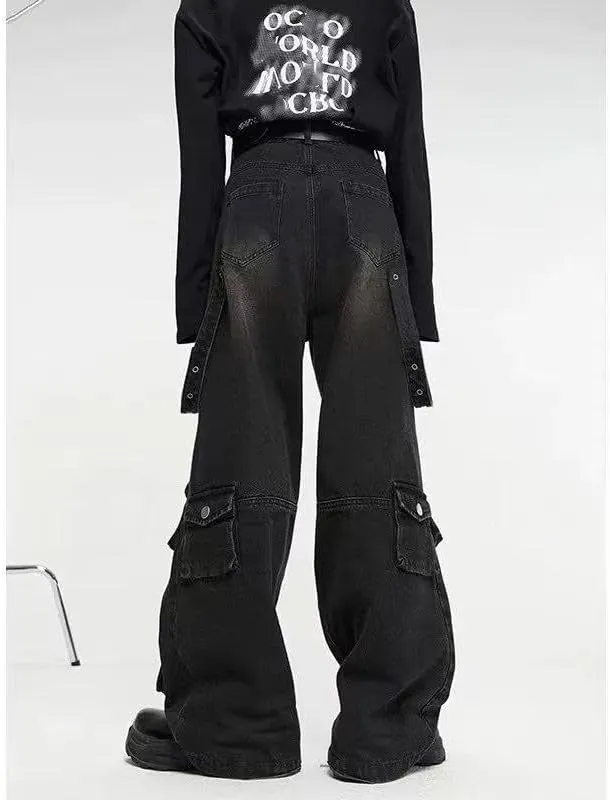 jupkem Men's Baggy Jeans Y2k Goth Wide Leg with Multiple Pockets Women Fashion 90s Hiphop Cargo Pants Y2k Harajuku Streetwear